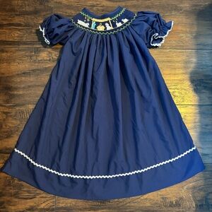 NOLA Smocked 2T Blue Toddler Girl Dress with Nativity Embroidery Christmas